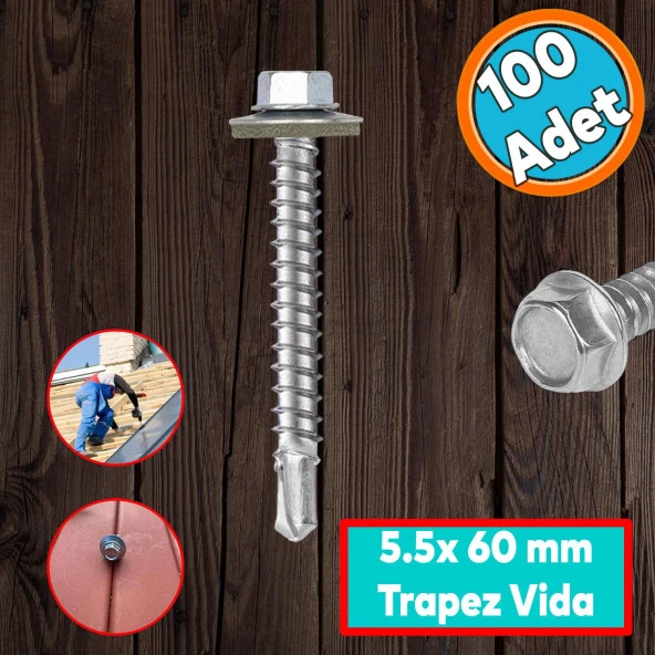 Trapez Çatı Vidası 5.5x60 mm Paket 100 ADET Matkap Uçlu Sac Akıllı Vida Çatı Panel Metal Ağaç Vidası