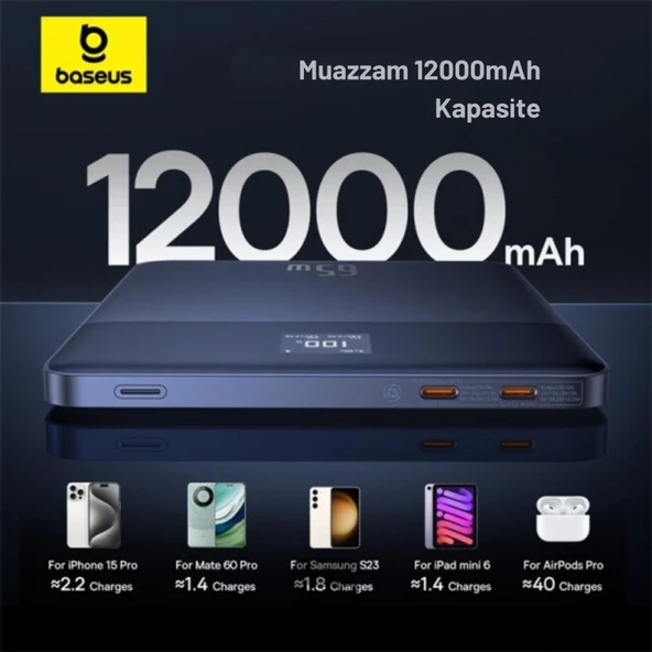 Baseus Süper İnce 65W 12000mAh Taşınabilir Şarj Cihazı Powerbank, Dijital Göstergeli, Akım ve Isı Korumalı - 9
