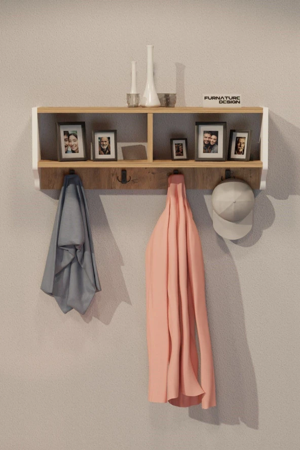 CMKStore Portmanto Duvar Askısı Modern Duvar Askılık Vestiyer - Beyaz & Atlantik Çam - 2