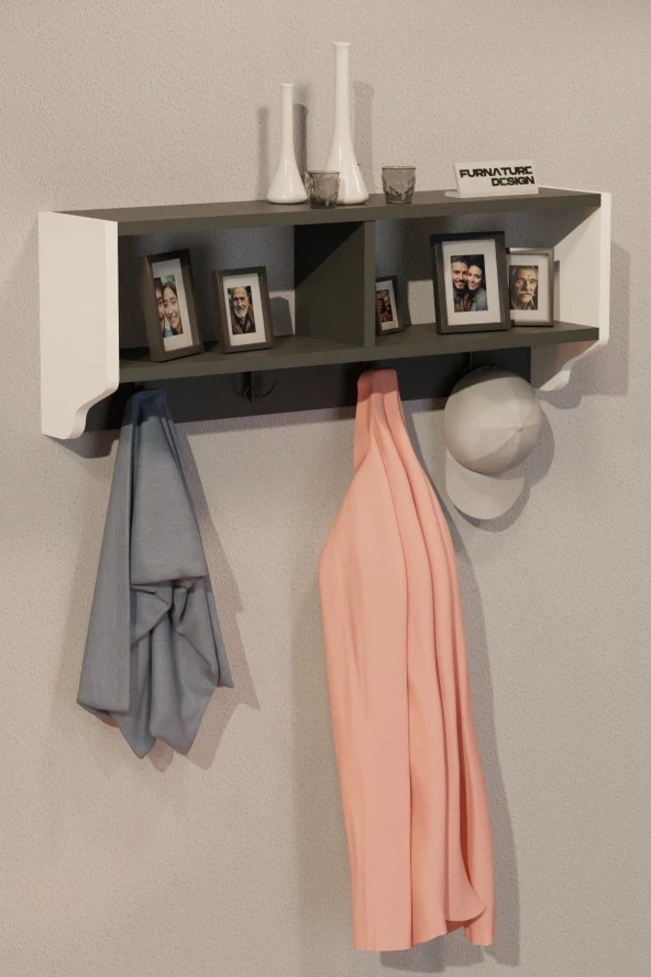 CMKStore Portmanto Duvar Askısı Modern Duvar Askılık Vestiyer - Beyaz & Antrasit - 3
