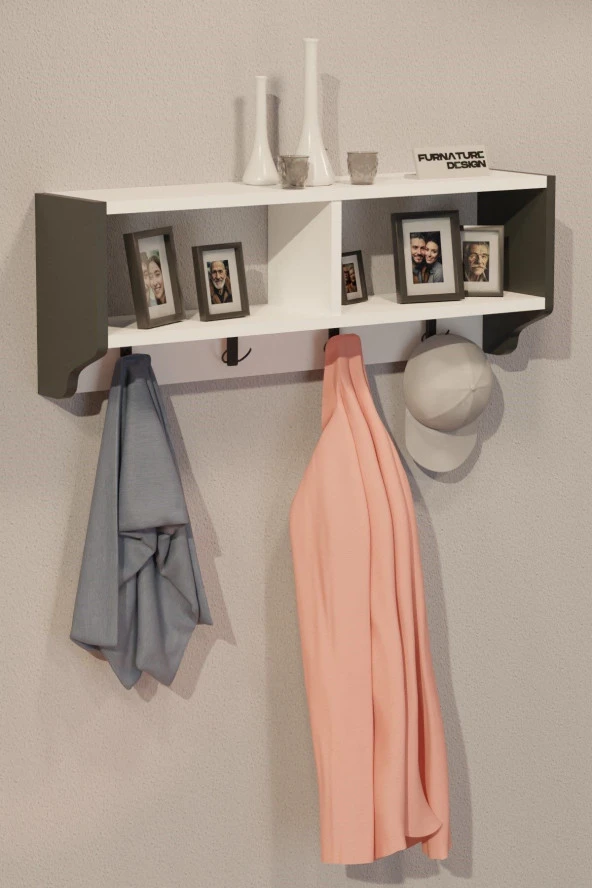 CMKStore Portmanto Duvar Askısı Modern Duvar Askılık Vestiyer - Antrasit & Beyaz - 3
