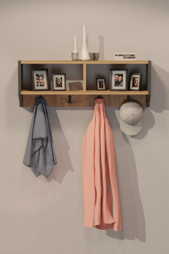 CMKStore Portmanto Duvar Askısı Modern Duvar Askılık Vestiyer - Antrasit & Atlantik Çam - 2