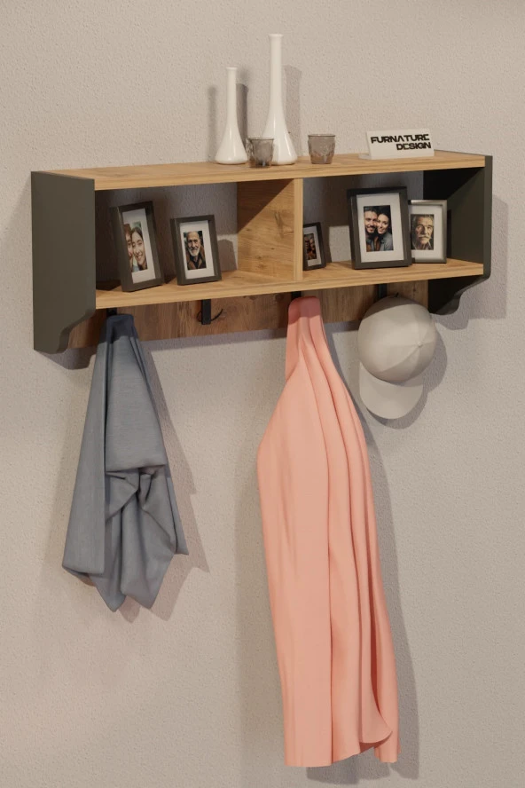 CMKStore Portmanto Duvar Askısı Modern Duvar Askılık Vestiyer - Antrasit & Atlantik Çam - 3