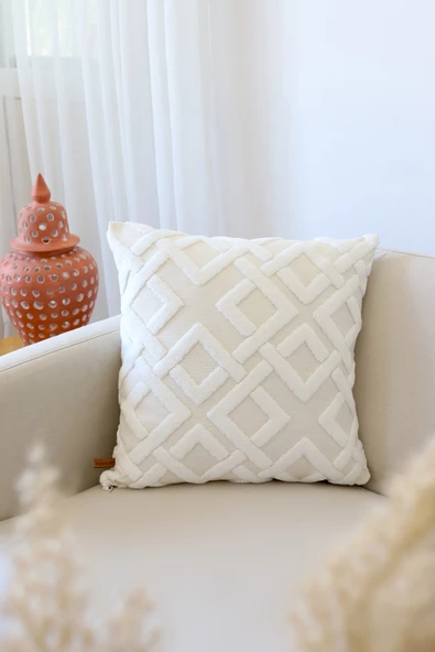 Bohem Özel Tasarım Punch Panç Desen Dekoratif Kırlent Kılıfı Mila Ekru ürün görseli