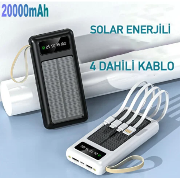 20.000 MAH Powerbank Göstergeli erbank Solar Fenerli Güneş Enerjili Kablolu Tüm Cihazlara Uyumlu