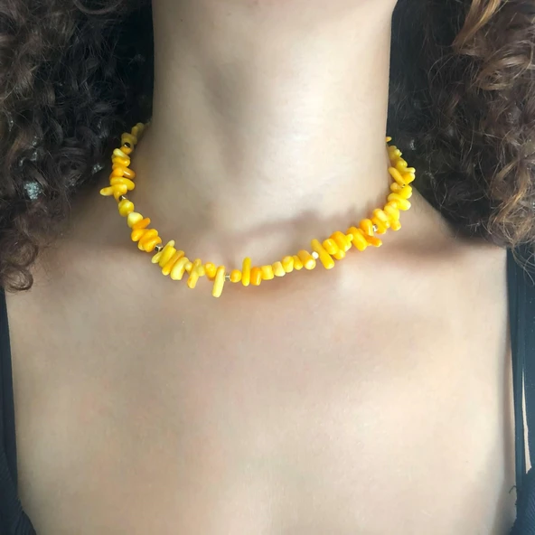 Mercan Doğal Taşlı Turuncu-Sarı Kadın Kolye KLY-500 - Resim 2