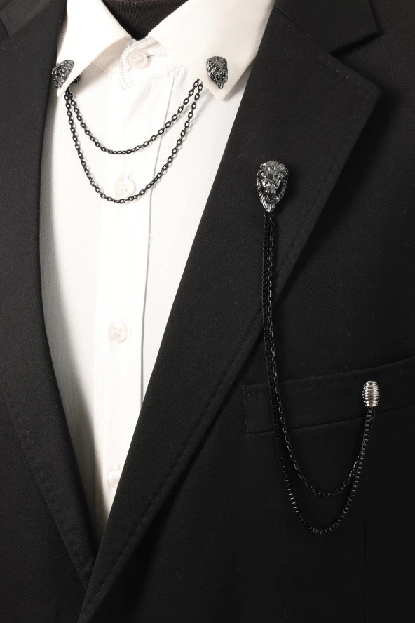 Esgue Siyah Renk Aslan Figürlü Zincirli Ceket - Gömlek Yaka İğnesi - 2