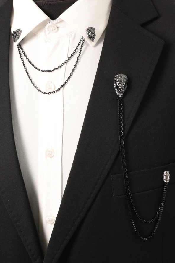 Esgue Siyah Renk Aslan Figürlü Zincirli Ceket - Gömlek Yaka İğnesi - 3
