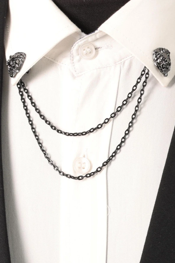 Esgue Siyah Renk Aslan Figürlü Zincirli Ceket - Gömlek Yaka İğnesi - 4