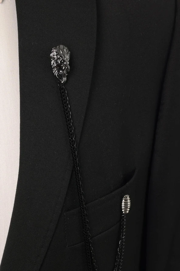 Esgue Siyah Renk Aslan Figürlü Zincirli Ceket - Gömlek Yaka İğnesi - 5