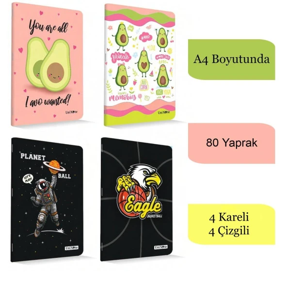 Çınar A4 80 Yaprak Karton Kapak Dikişli Defter 4 Kareli+4 Çizgili
