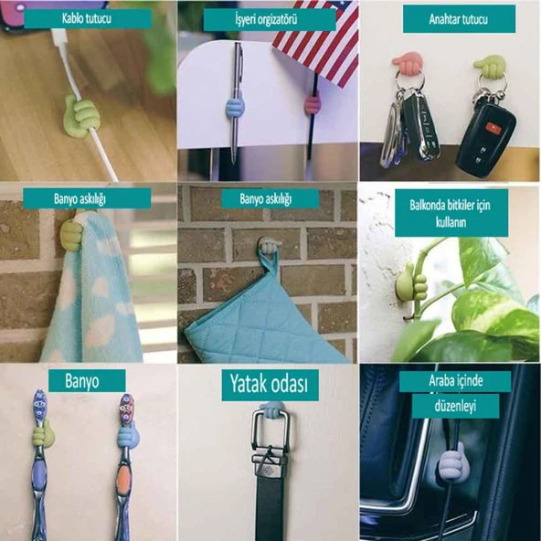 Başparmak Kablo Tutucu, Duvar, Araba, Ev, Organizatör, Kulaklık Tutucu Gri Renk 5 adet - 6
