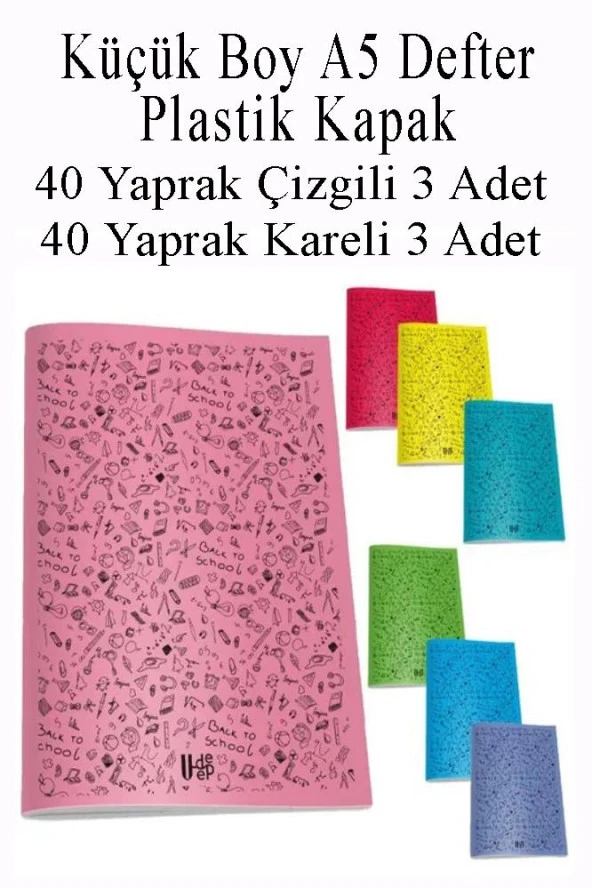 Defter Plastik Kapak A5 40 Yaprak Çizgili 3 Adet ve 40 Yaprak Kareli 3 Adet Küçük Boy Defter - 1