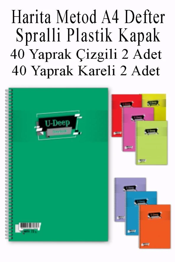 A4 Okul Defteri Spiralli Plastik Kapak 40 Yaprak Çizgili 2 Adet ve 40 Yaprak Kareli 2 Adet Spralli Harita Metod