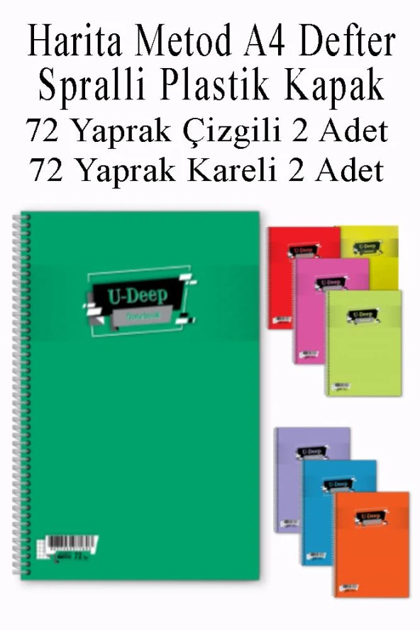 A4 Okul Defteri Spiralli Plastik Kapak 72 Yaprak Çizgili 2 Adet ve 72 Yaprak Kareli 2 Adet Spralli Harita Metod