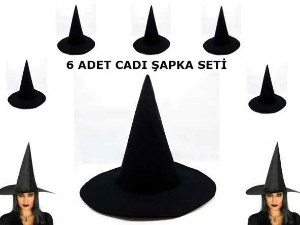 Siyah Cadı Şapkası Keçe Yetişkin Boy 6 Adet (2818)