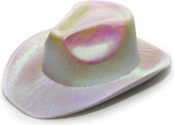 Neon Hologramlı Kovboy Model Parti Şapkası Beyaz Yetişkin 39X36X14 cm (2818)