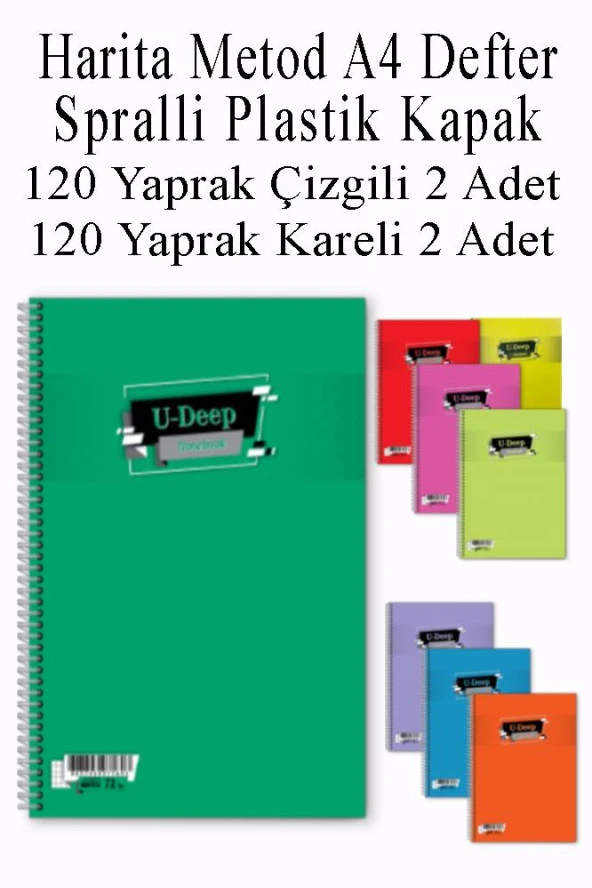 A4 Okul Defteri Spiralli Plastik Kapak 120 Yaprak Çizgili 2 Adet ve 120 Yaprak Kareli 2 Adet Spralli Harita Metod