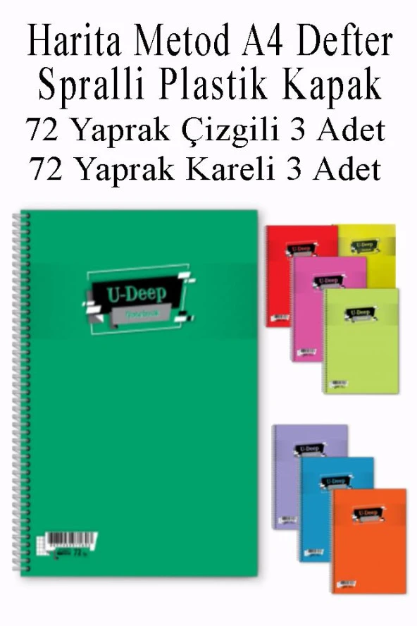 A4 Okul Defteri Spiralli Plastik Kapak 72 Yaprak Çizgili 3 Adet ve 72 Yaprak Kareli 3 Adet Spralli Harita Metod