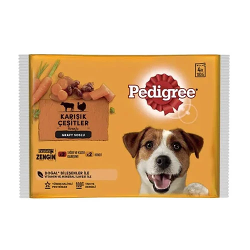Pedigree Pouch Sığır Etli Kuzulu ve Hindili Yetişkin Köpek Konservesi 4x100 Gr ürün görseli 1