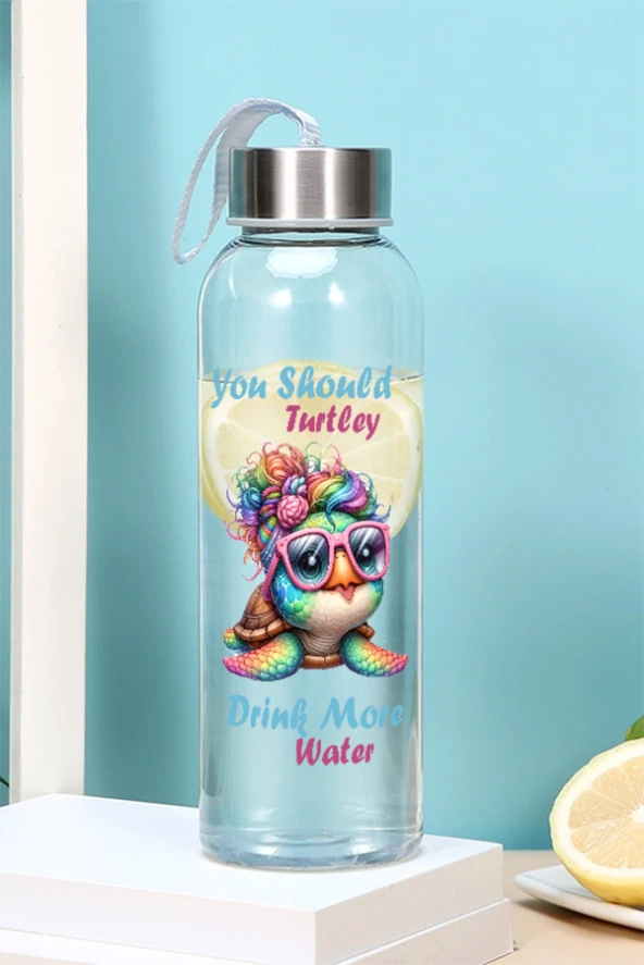 500 ml Matara - Kaplumbağa Desen Motivasyon Matarası - Sticker Hediyeli Cam Suluk