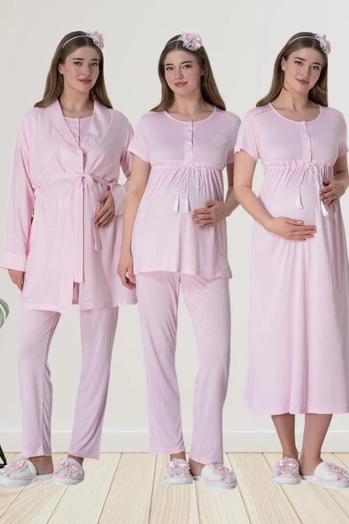 Mecit 6061 Bayan Pembe Sabahlık Gecelik Pijama Hamile Lohusa Set - Resim 6
