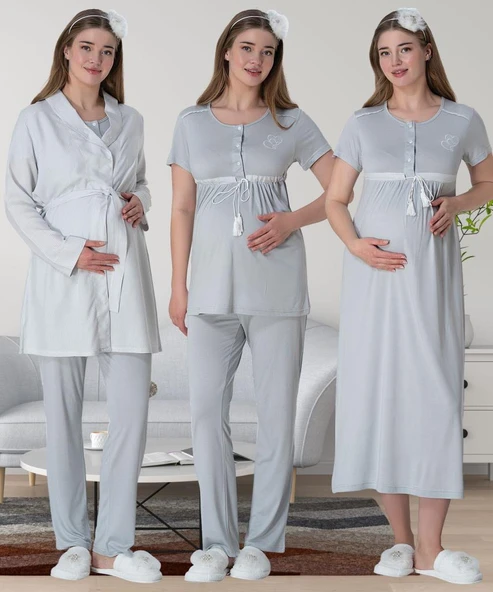 Mecit 6061 Bayan Gri Sabahlık Gecelik Pijama Hamile Lohusa Set - 1