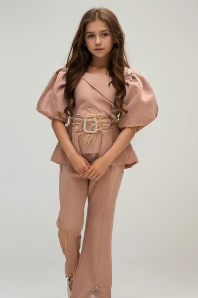 Kız Çocuk Fermuar ve Kemer Detaylı Kruvaze Yaka Bej Alt Üst Takım - Resim 5