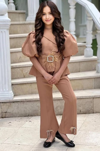 Kız Çocuk Fermuar ve Kemer Detaylı Kruvaze Yaka Bej Alt Üst Takım - Resim 4