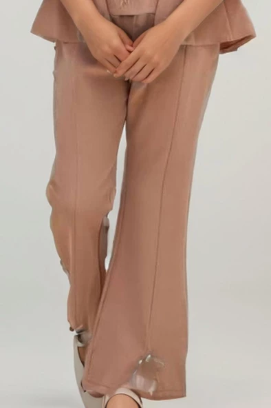 Kız Çocuk Fermuar ve Kemer Detaylı Kruvaze Yaka Bej Alt Üst Takım - Resim 7