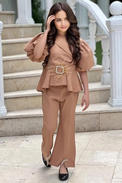 Kız Çocuk Fermuar ve Kemer Detaylı Kruvaze Yaka Bej Alt Üst Takım - Resim 2