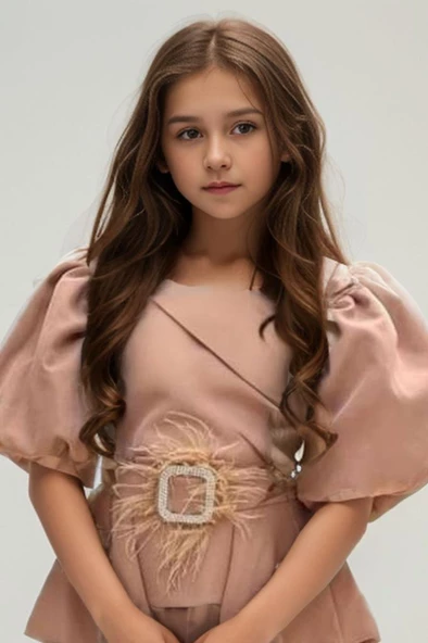 Kız Çocuk Fermuar ve Kemer Detaylı Kruvaze Yaka Bej Alt Üst Takım - Resim 6