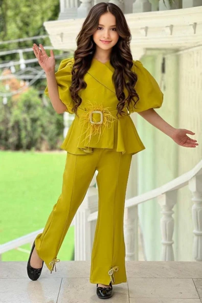 Kız Çocuk Fermuar ve Kemer Detaylı Kruvaze Yaka Hardal Alt Üst Takım - Resim 8