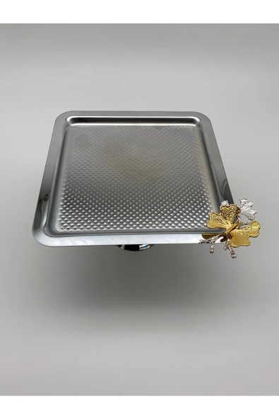 Ayaklı Kare Kelebekli Gümüş Kek, Kurabiye ve Pasta Sunum Tabağı, Servis Tepsisi - 4