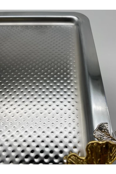 Ayaklı Kare Kelebekli Gümüş Kek, Kurabiye ve Pasta Sunum Tabağı, Servis Tepsisi - 7