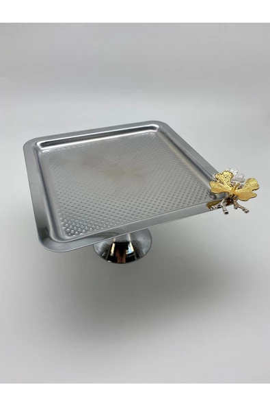 Ayaklı Kare Kelebekli Gümüş Kek, Kurabiye ve Pasta Sunum Tabağı, Servis Tepsisi - 5