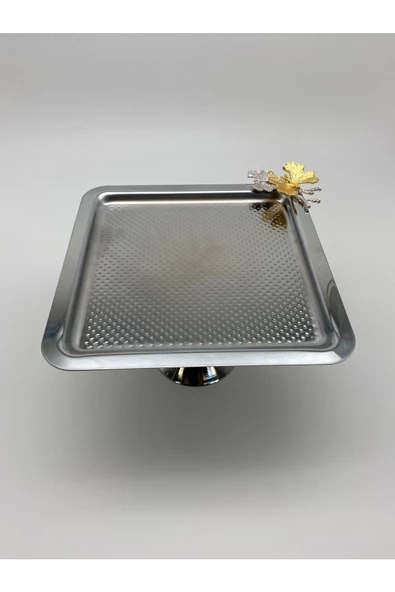 Ayaklı Kare Kelebekli Gümüş Kek, Kurabiye ve Pasta Sunum Tabağı, Servis Tepsisi - 6