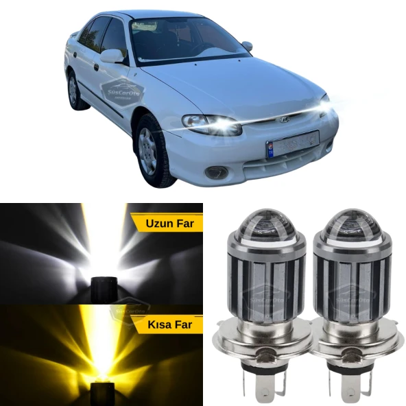 Hyundai Accent Yumurta Kasa 1995-2000 Uyumlu Mercekli Far Ampulü Led Xenon Çift Renk Sarı-Beyaz Far Şimşek Etkili CSP Led Lamba Uzun Kısa 2 Adet Takım