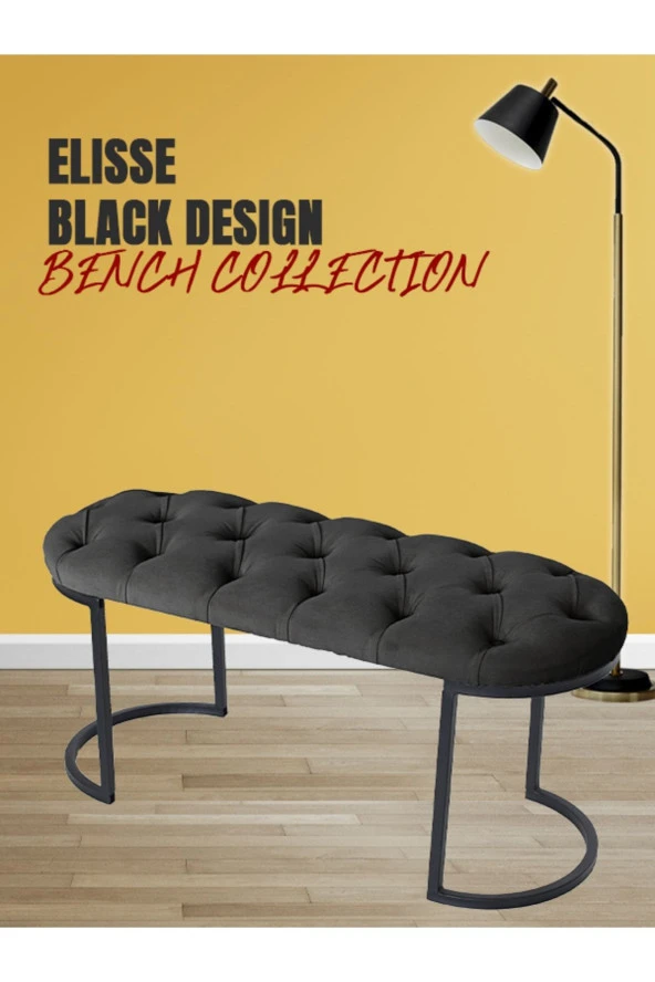 Elisse Antrasit Puf - Metal Ayaklı Kapitoneli Model Oval Puf, Bench