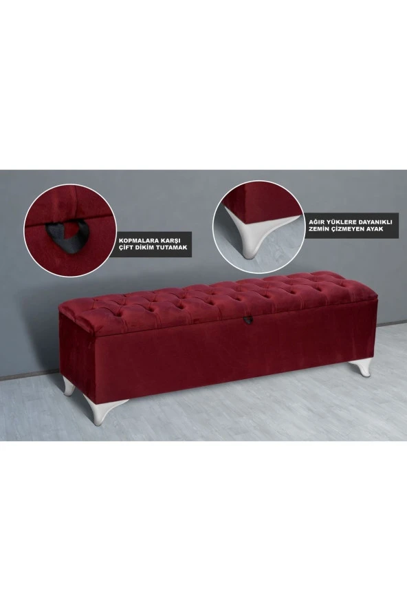 Vetra Chester Model Bordo Sandıklı Puf - Kapitoneli Model 140cm Sandıklı Bank