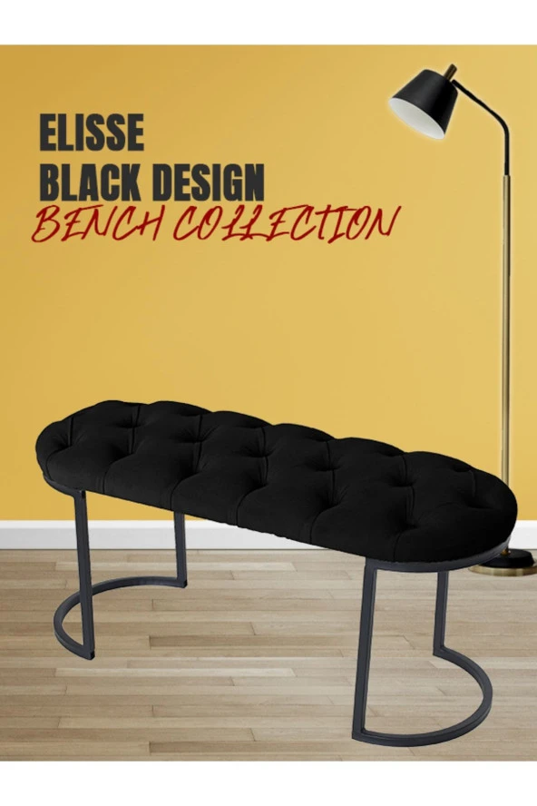 Elisse Siyah Puf - Metal Ayaklı Kapitoneli Model Oval Puf, Bench