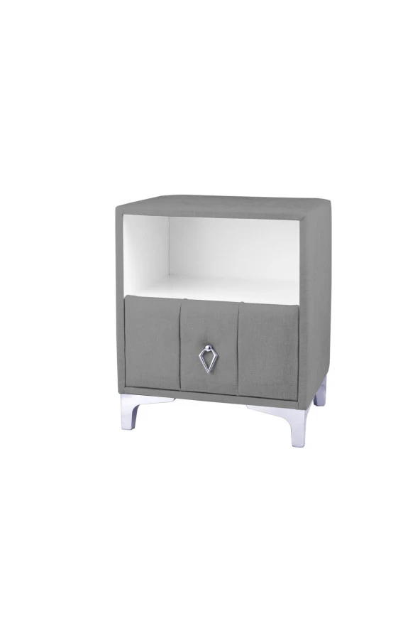 Singular Silver Iki Çekmeceli Açık Gri Komodin - Raflı Kumaş Döşemeli Yatak Odası Komodin Modeli - 3