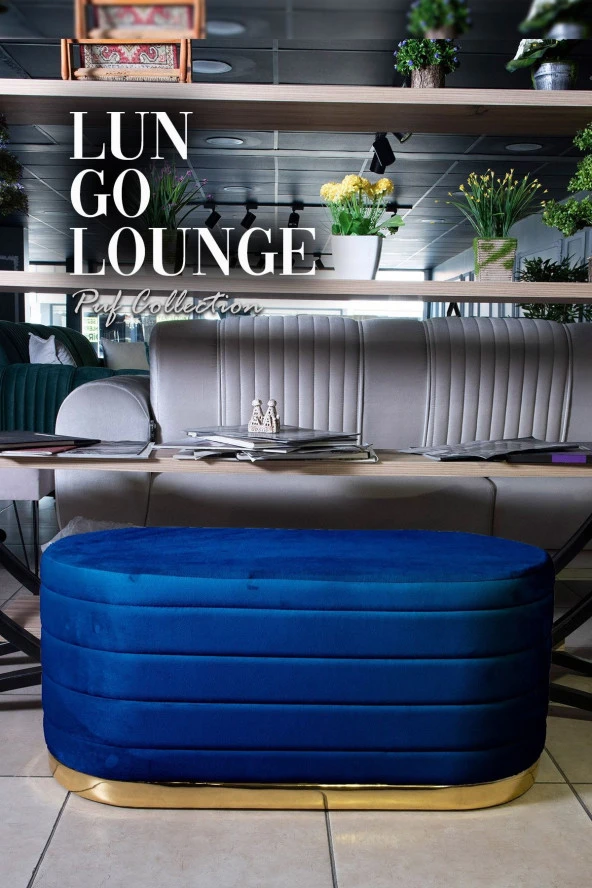 Lungo Long Line Mavi Puf- 90cm Gold Kaplama Kapitoneli Luxery Dekoratif Puf Koltuk