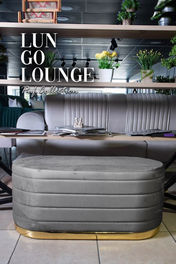 Lungo Long Line Gri Puf- 90cm Gold Kaplama Kapitoneli Luxery Dekoratif Puf Koltuk