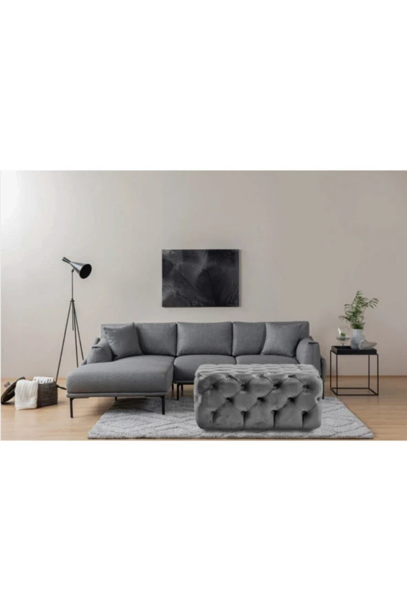 Açık Gri Kare Chester Model Kapitoneli Orta Puf- Modern Puf