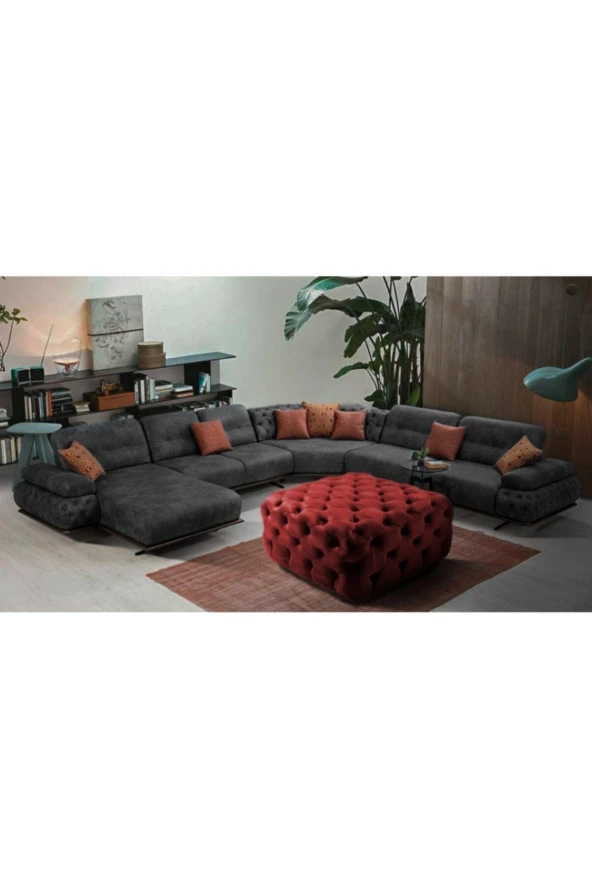 Bordo Kare Chester Model Kapitoneli Orta Puf- Modern Puf