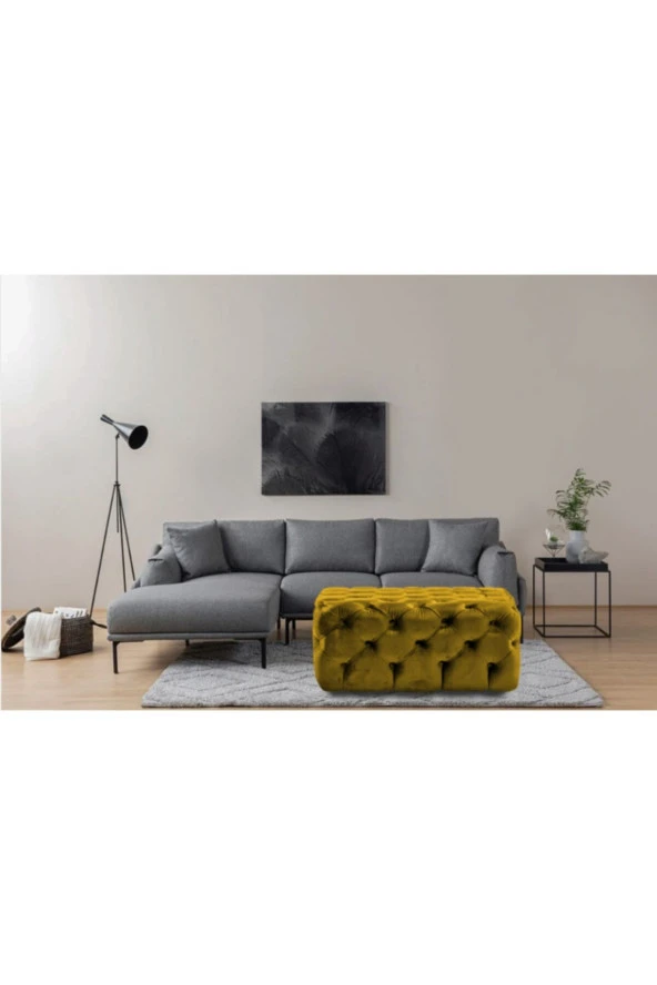 Hardal Kare Chester Model Kapitoneli Orta Puf- Modern Puf