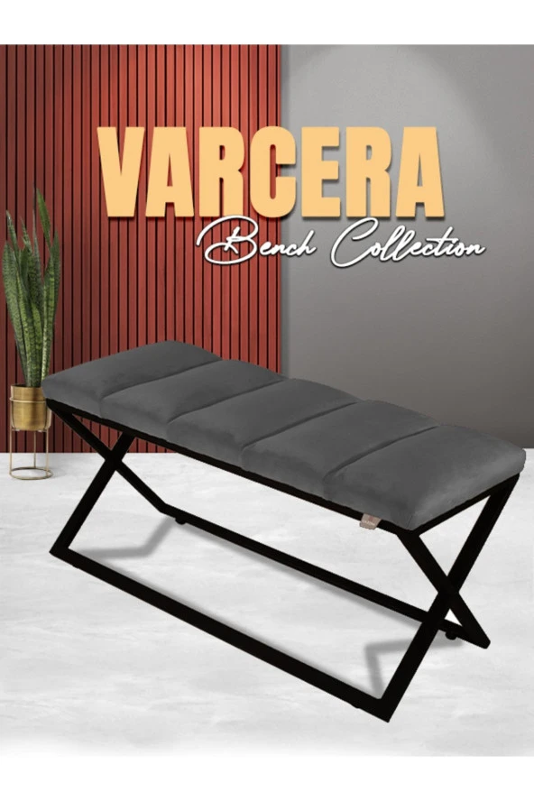 Varcera Puf - Siyah Çapraz Metal Ayaklı, Dilimli Model Bench Puf