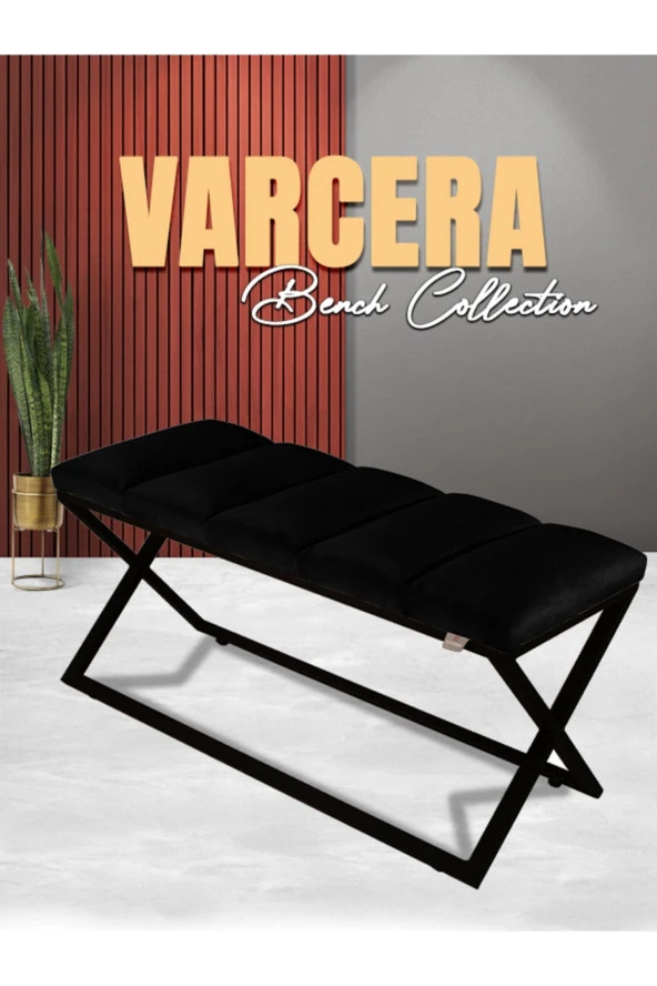 Varcera Puf - Siyah Çapraz Metal Ayaklı, Dilimli Model Bench Puf