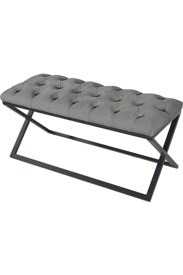 Varcera Gri Puf - Siyah Çapraz Metal Ayaklı, Kapitoneli Chester Model Bench Puf